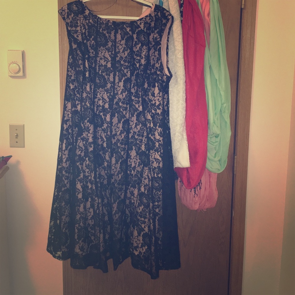 Dressy knee Length Pink Dress With Black Lace overlay